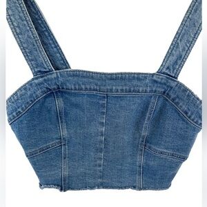 Free People Denim Blue Jean Crop Top Tank Raw
Hem Back Button Bustier